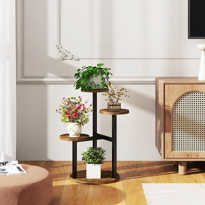 IBUYKE 4 Tier Plant Stand Indoor, Metal Wood Plant Shelf for Multiple Plants, Small Tiered Corner Flower Pot Stand for Living Room Patio Balcony Garden, Rustic Brown TMJ073H