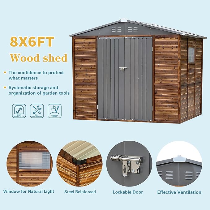 8x6 FT Outdoor Wood Storage Shed, Garden Tool Shed with Windows, Outside Storage Shed Waterproof for Backyard, Garden, Patio, 4 Vents (Without Floor) Wood Color