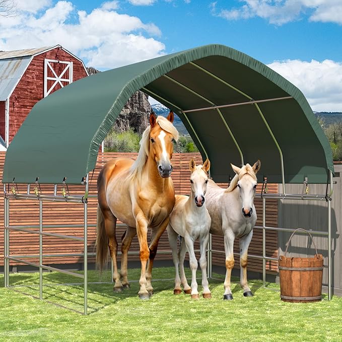 YOLENY 10'x10' Green Corral Shelter, Heavy Duty Round Style Canopy, Waterproof and UV Treated Universal Cover, Easy Assembly Stable and Agricultural Storage and Shade Shed Kit for Livestock