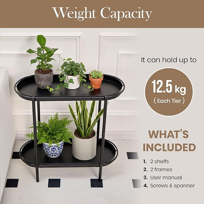 Large Metal 2-Tier Plant Stand – Sleek Black Indoor/Outdoor Flower Pot Shelf with Oval Trays, Space-Saving Modern Storage Rack for Plants, Decor, or Small Furniture Accent