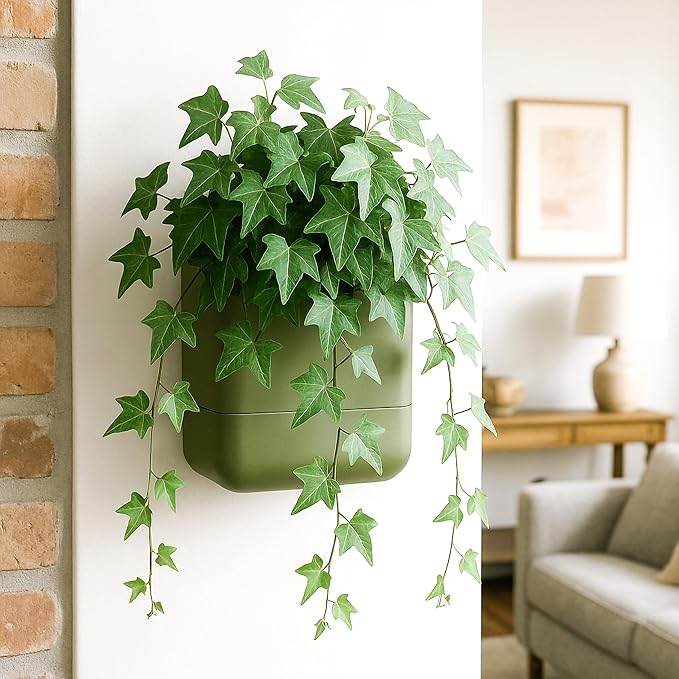 Phoenix Vine 6.5-Inch Wall Mounted Self-Watering Planter Pot for Indoor Houseplants and Herbs | Hanging Planter for Window Sills, Bathroom Walls, Home & Office Décor, Olive, Set of 1, 01-WP-C-1