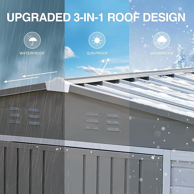 8x10 FT Outdoor Wood Storage Shed, Garden Tool Shed with Windows, Outside Storage Shed Waterproof for Backyard, Garden, Patio, 4 Vents (Without Floor) Gray