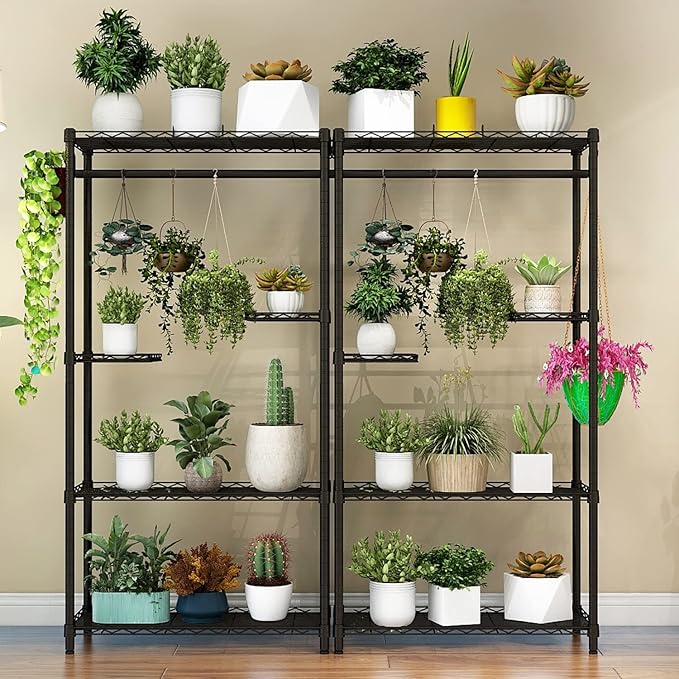 Xiofio Plant Stand for Indoor Outdoor,Metal Plant Stands,Adjustable Plant Shelves with Hanging Rod for Bedroom Living Room Balcony Garden,Black