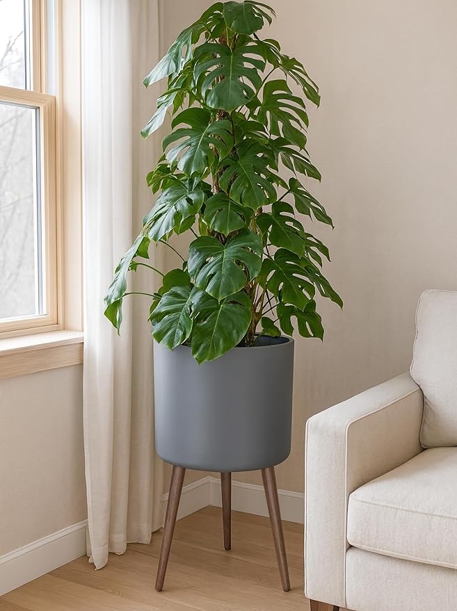 D'vine Dev 16 Inch Planter Pot with Stand, Mid-Century Tall Plant Pot with Legs for Indoor Plants, XX-Large, Grey, 88-O-E-3