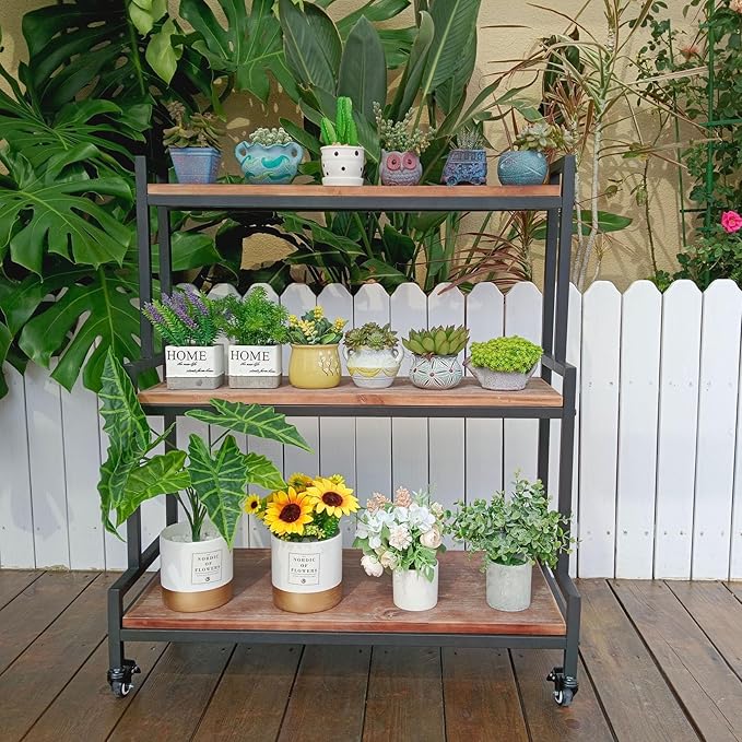 Rustic Plant Stand with Wheels 37“ H, Rolling Plant Shelves Rack Indoor Outdoor,Metal Plant Stand with Solid Wood for Multiple Plants,Industrial Ladder Plant Flower Shelf for Garden,Living Room,Brown