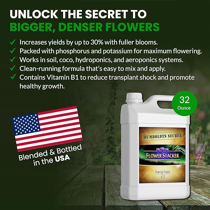 Humboldts Secret Flower Stacker | 0-7-5 Bloom Booster with Vitamin B1 | High Phosphorus Potassium Flowering Nutrients | Potting Soil Hydroponics Coco | Indoor & Outdoor Plants | 32 Ounce