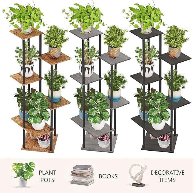 Tall Plant Stand Indoor, 6-Tier Modern Plant Shelf for Multiple Plants, Wood Metal Flower Holder for Living Room Balcony Bedroom, Black