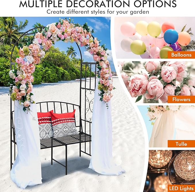 Giantex 81in Metal Garden Arch with Bench, Outdoor Garden Arbor Archway Trellis for Climbing Plants Vines, 2-Person Bench Loads 660 lbs, Patio Trellis Pergola Arches for Wedding Party Ceremony Decor