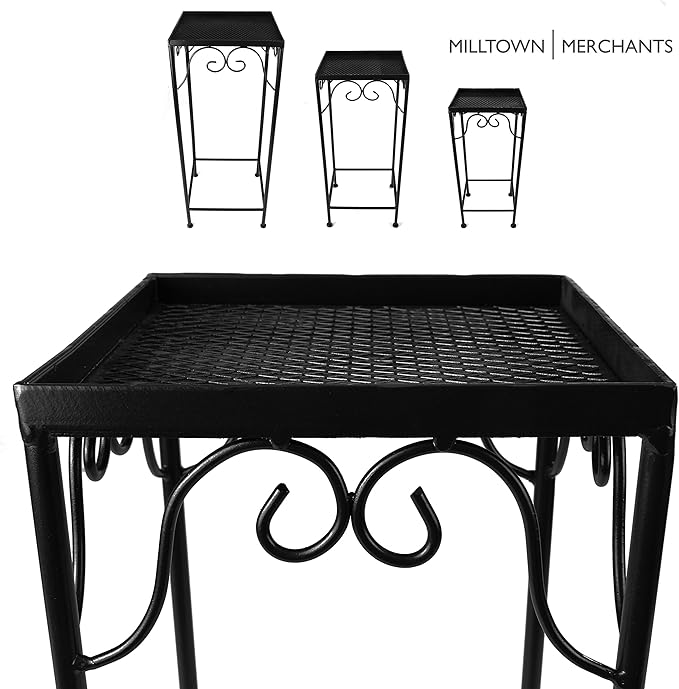 Milltown Merchants™ Plant Stands - Set of 3 Metal Plant Stands - Indoor/Outdoor Nesting Wrought Iron End Tables - Square Black Flower Stands