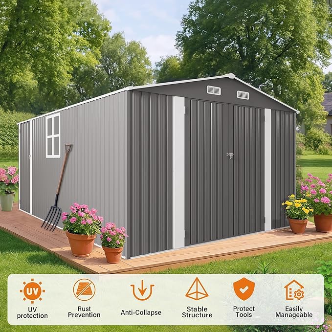 10x14 FT Outdoor Storage Shed, Large Metal Garden Shed with Side Door, Outside Tool Sheds with 2 Windows, Waterproof Storage Building with 4 Air Vents for Backyard, Patio, Lawn, Gray