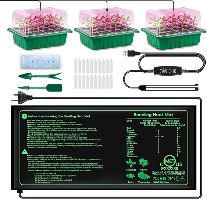 Verdenu Seed Starter Tray with Grow Lights and Heat Mat, 3 Pack 36-Cell Seedling Starter Kit with Humidity Dome, 3 Lighting Mode, 4 Dimming Level, Reusable Seed Germination Kit for Indoor Plant
