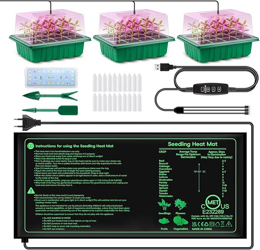 Verdenu Seed Starter Tray with Grow Lights and Heat Mat, 3 Pack 36-Cell Seedling Starter Kit with Humidity Dome, 3 Lighting Mode, 4 Dimming Level, Reusable Seed Germination Kit for Indoor Plant
