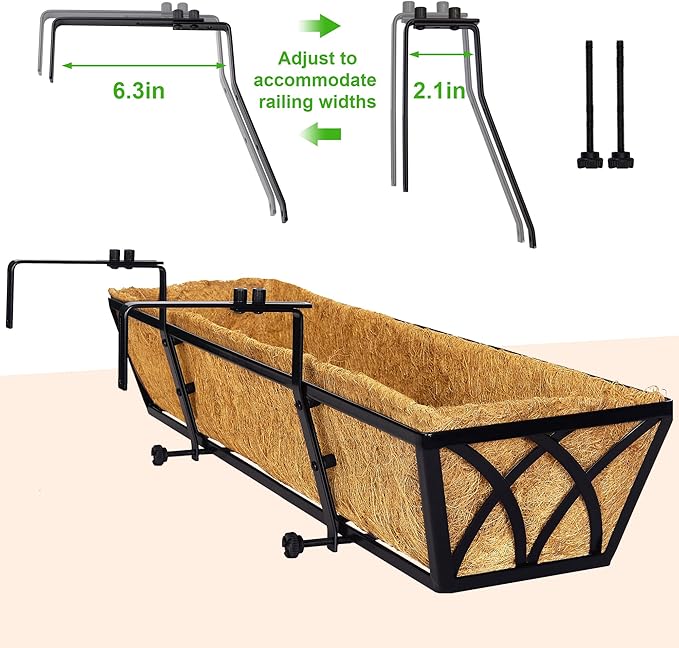 Y&M 30 Inch Fence Metal Hanging Flower Planter Window Basket Deck Railing Planter Boxes for Outdoor Garden Lawn, Window Deck with Coco Liner,6pcs