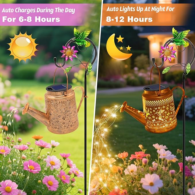 VOOKRY Solar Lights Outdoor Waterproof, Hummingbird Retro Metal Solar Watering Can Lights, Birthday Gifts for Women Mom Grandma Christmas Hanging Garden Decor Yard Light for Outside Patio Lawn Porch