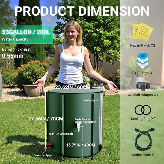 SKM Collapsible Rain Barrel, 53 Gallon Portable Rain Water Collection Barrel for Garden/Outside/Lawn, PVC Rainwater Collection System Water Tank Storage Container with Spigots & Overflow Kit, Green
