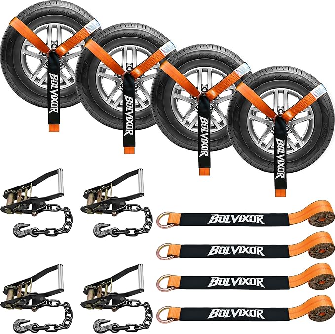 4 Pack Car Tie Down Straps for Trailers - 2" x 96" - 9900LBS Break Strength - Tire Ratchet Straps with Heavy Duty Chain Anchors for Hauling UTV, SUV, Truck, Any Cars