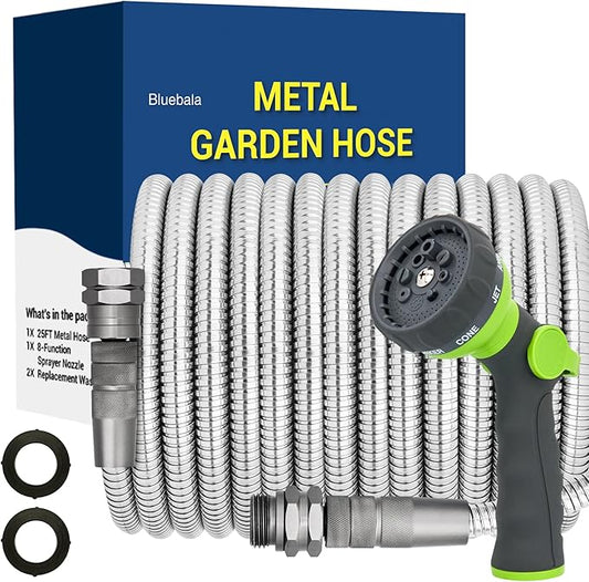 100 FT Stainless Steel Garden Hose – Long Reach 304 Steel Metal Water Hose, No-Kink, Leak-Proof Swivel Fittings, Puncture Resistant, 8-Pattern Nozzle for Large Yards, Driveways, Farm Tasks