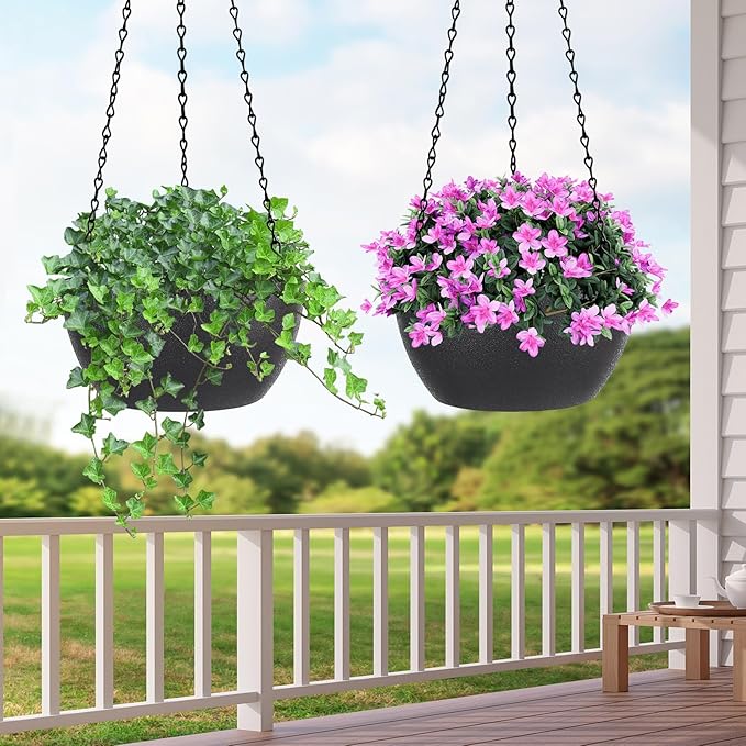 13 inch Hanging Pots with Drainage Holes and Chain, Plastic Hanging Flower Pots for Garden Home Decor, Black
