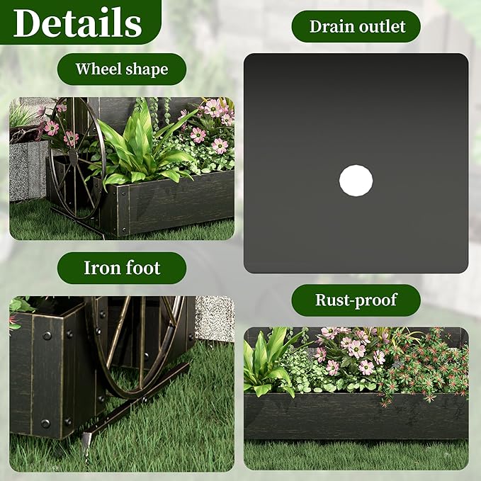 Metal Wagon Planter Box, 3-Tier Garden Planter with Wagon Wheels, Decorative Outdoor Planters for Flowers Herbs Vegetables, Flower Cart Small Raised Garden Bed for Patio, Balcony (Retro Gold)