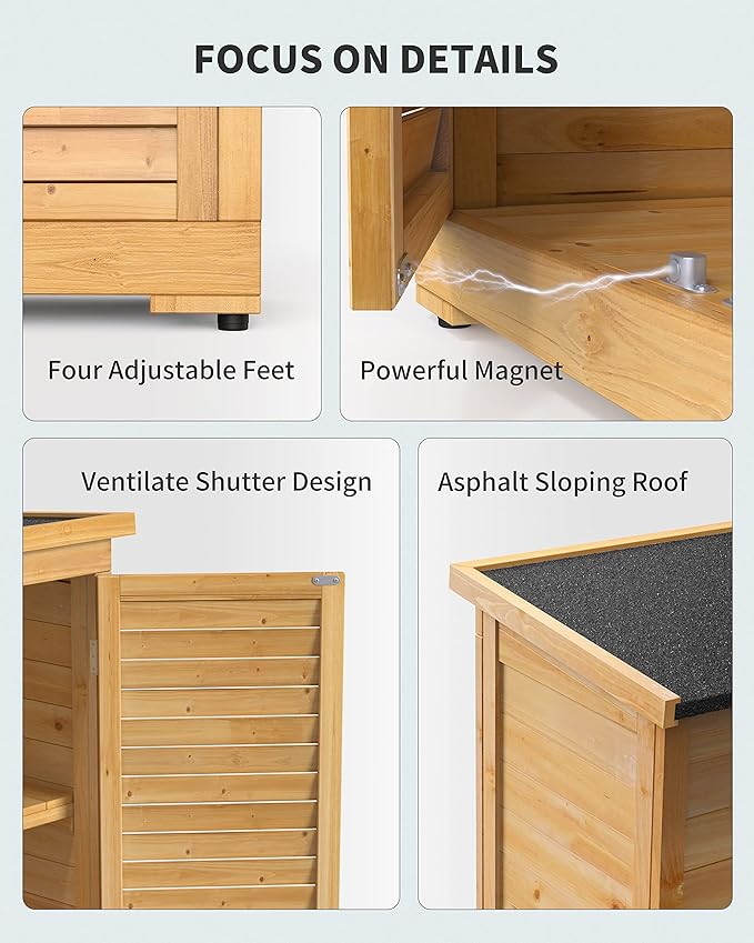 Gizoon Outdoor Storage Cabinet with 3 Shelves, Double Lockable Wooden Garden Shed with Waterproof Roof, Outside Vertical Tall Tool Shed for Yard Patio Lawn Deck-Natural
