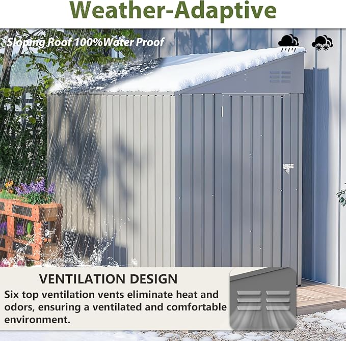 4x7 FT Outdoor Storage Shed,Lean to Lockable Metal Garden Shed Steel with Reinforced Beams,All Weather Waterproof Storage House W/Lockable Door&2 Air Vents,for Backyard,Patio,Lawn,Garden,Gray