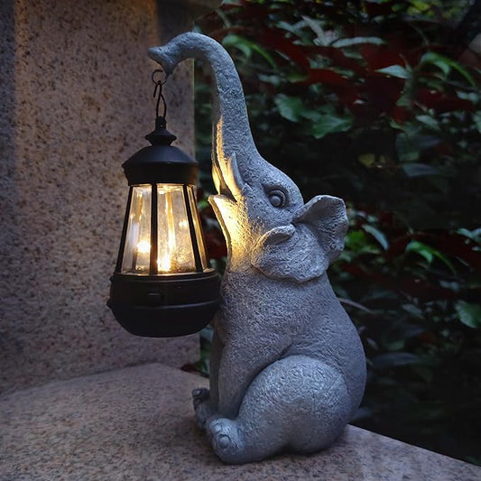 Elephant Solar Garden Statues,Resin Elephant Figurine Decorations with Solar Lights Lantern, Outdoor Garden Decor Art for Lawn,Yard, Unique Housewarming Gift for Garden Home