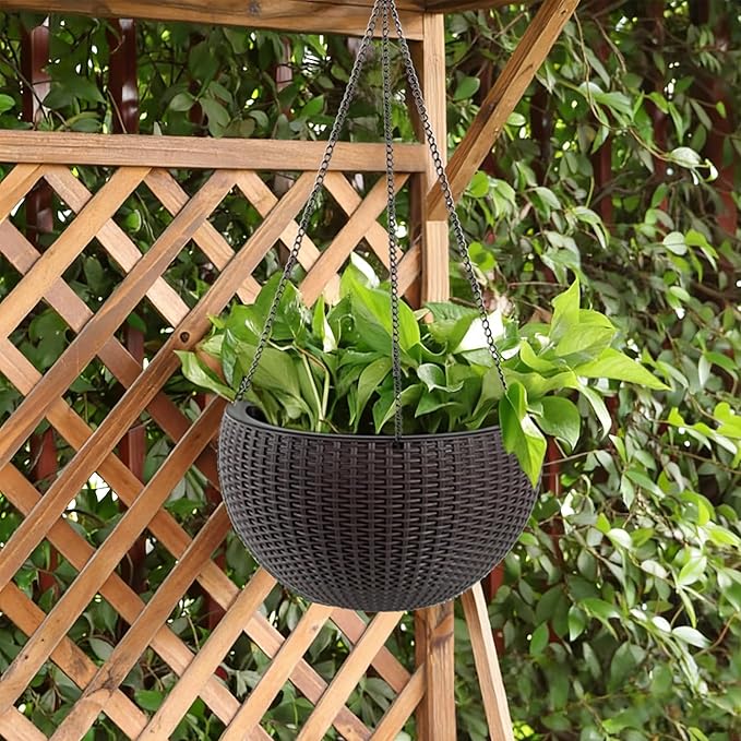 13.5 inch 2Pack Large Hanging Planters for Outdoor/Indoor Plants, Self Watering Hanging Pot with Water Level Indicato, Drainage Holes and Chain for Garden Porch, Brown