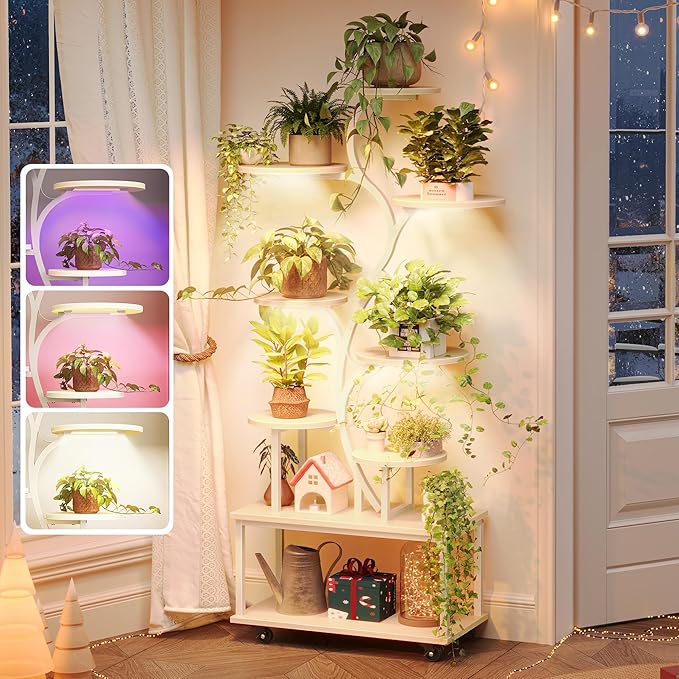 PRAISUN 63.6 Inch Plant Stand with Grow Lights, 9 Tiered Indoor Plant Shelf with Larger Flower Holder, Curved-tubed Design, 3 Light Modes, Movable Wheels, Corner Plant Rack for Living Room, White