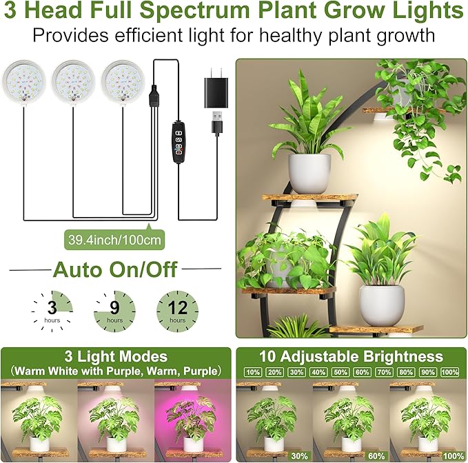 Plant Stand Indoor with Grow Lights, 9 Tier 63" Metal Plant Shelf for Multiple Plants, Tall Plants Shelves Corner Flower Holder, Half Curved Shape Plant Display Rack for Living Room, Balcony, Patio