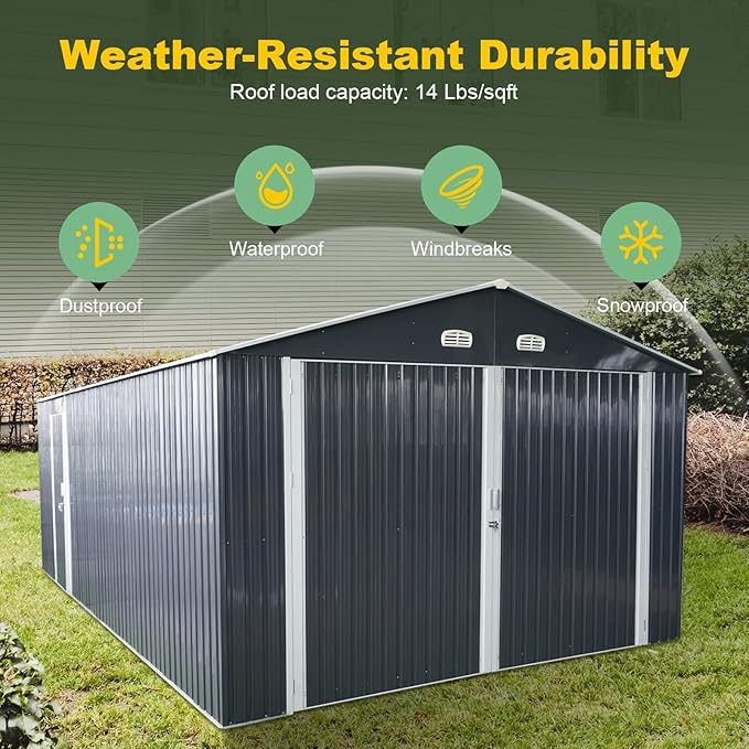 Metal Garage Shed 13x20 FT, Sheds & Outdoor Storage Clearance, Outdoor Storage Shed for Car, Truck, Bike, Lawnmower, Backyard Tool House, Boasting 2 Doors and 4 Vents, Dark Gray