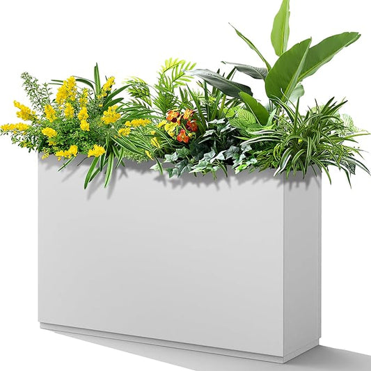 FENCY Metal Rectangular Planter Box - Large Tall Planters with Drainage Holes (35.4" L x 9" W x 25.6" H, White)