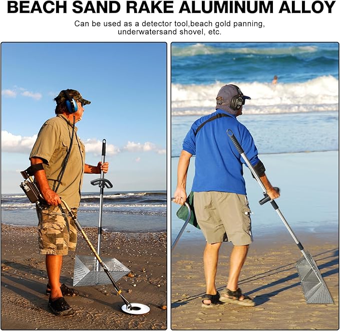 Sand Flea Rake - Heavy Duty Stainless Steel Sand Scoop Detachable 47" Long Handle Sand Sifter for The Beach with 16" Width Basket Metal Detecting Tool for Collecting Shark Teeth (Silver)