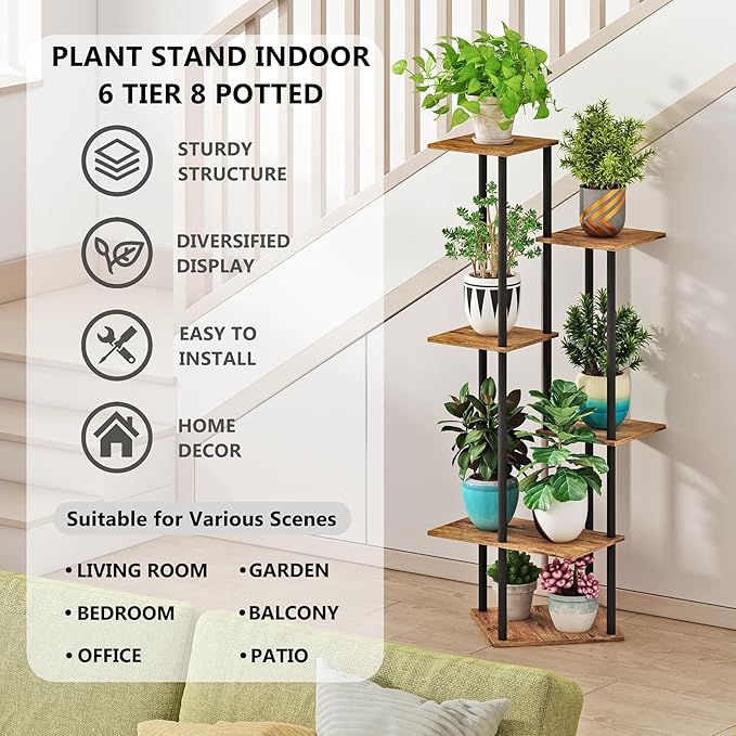 Tall Plant Stand Indoor, 6-Tier Modern Plant Shelf for Multiple Plants, Wood Metal Flower Holder for Living Room Balcony Bedroom, Rustic Brown