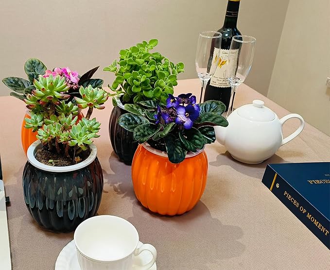 Meicynhoger 4-Pack Pumpkin Self-Watering Planter for African Violets,Snake Plant,Succulents - 4.3" Flower/Plant Pot for Indoor Outdoor,Table, Balcony,Deck,Garden Orange