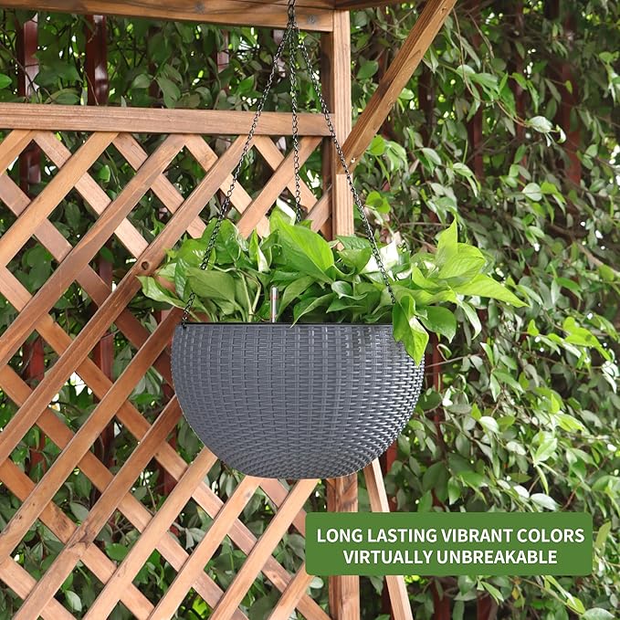 Dexceder 10.5 Inch Large Self Watering Hanging Planters Indoor Outdoor, Thickened Hanging Basket Flower Plant Pot with Water Level Indicator (Gray)