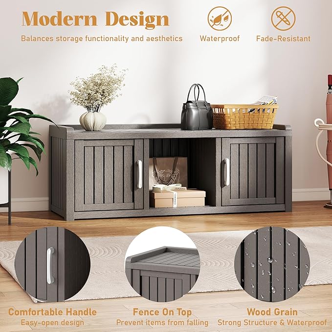 KAMABOKO Shoe Storage Cabinet Waterproof UV-Resistant, Entryway Storage Bench Indoor Outdoor with 2 Doors, Adjustable Shelves for Entryway, Bedroom, Hallway,Living Room(Grey)