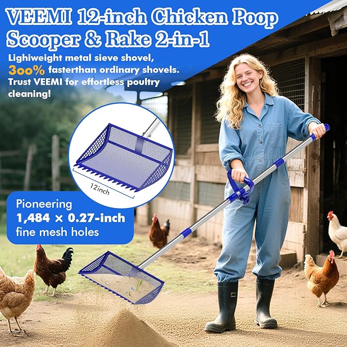 Chicken Poop Scooper & Rake 2-in-1,304 Stainless Steel Shovel Head, Chicken Litter Scoop with Handle for Chicken Coop & Pet Waste Cleaning, Litter Sifting Shovel (35 to 65") (Blue, 12inch)