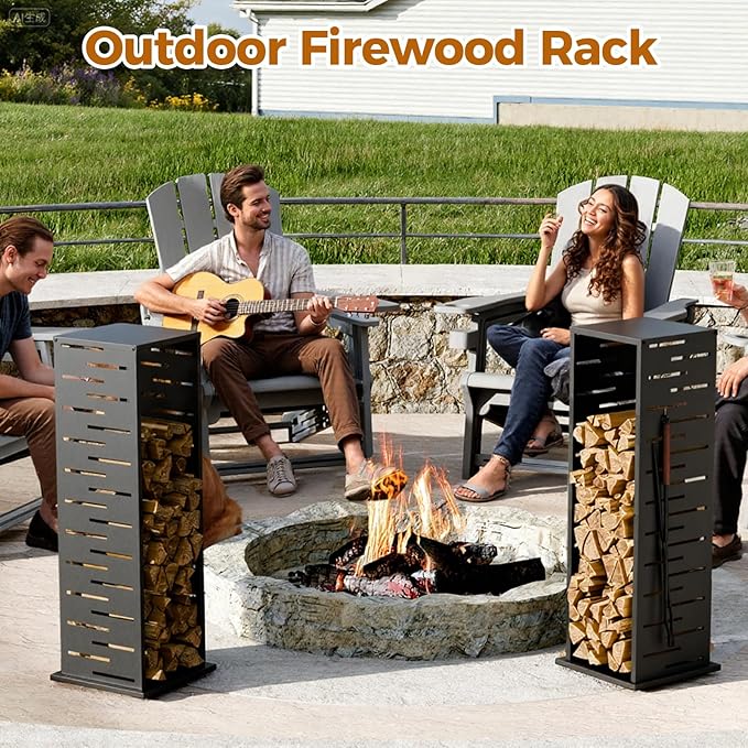 4ft Firewood Rack Outdoor, Fire Wood Rack Log Holder with Louver Pattern Hooks Adjustable Feet, Firewood Storage for Indoor Fireplace Patio Balcony Black