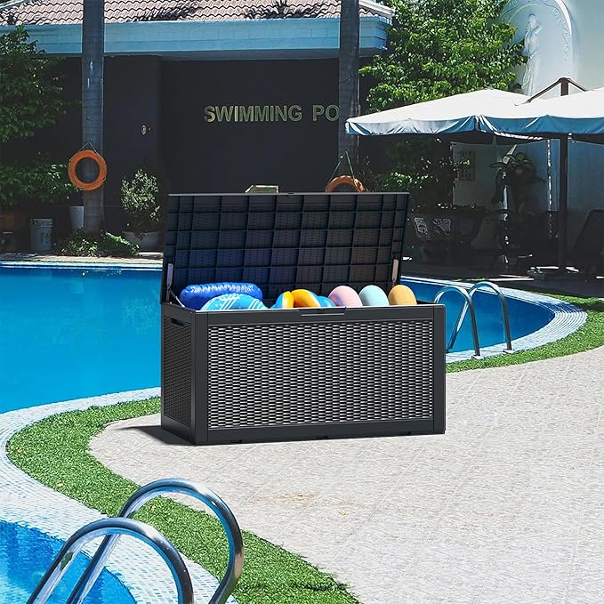 Outdoor Storage Box, Resin Deck Boxes Indoor and outdoor, Waterproof Storage Box Lockable Lid (Black, 100 Gallon)