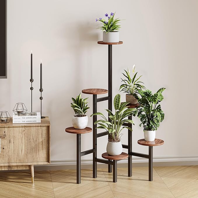 6 Tier Corner Plant Stand Indoor Outdoor, Tall Large Plant Shelf for Multiple Plants, Tiered Flower Pot Holder, Metal Display Plant Shelves for Living Room, Balcony, Patio, Garden(Walnut Brown)GPS514DB