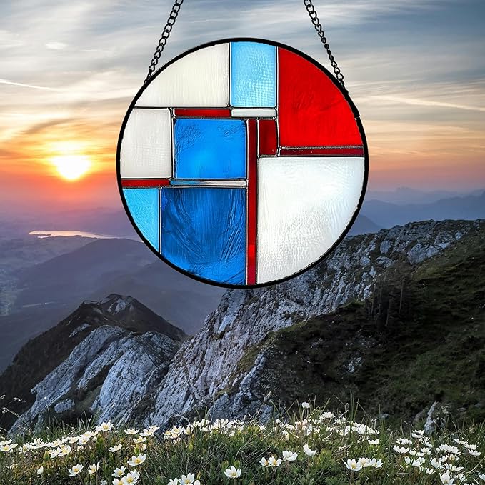 Stained Glass Window Hanging 4 Pcs Set Abstract Flowers In Red White Blue Large 11.8" - Suncatcher Door Garden Sun Catcher Decor Birthday Mother's Day Xmas Gift for Mom Woman Nana Men Parents