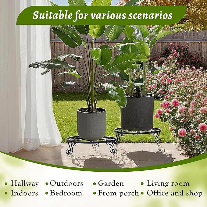 1/2/4 Pack 10/12 Inch Heavy Duty Iron Plant Stands - Rustproof Metal Flower Pot Holder for Indoor Outdoor Use, Round Wrought Iron Planter Stand for Corner Gardening, Patio, Balcony Decor- Black (12IN4PCS)