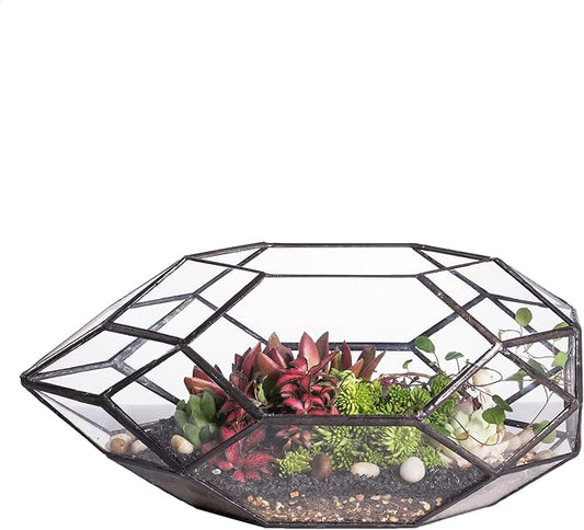 NCYP 6.5 x 5.9 x 11 Inches Geometric Glass Terrarium for Succulent, Air Plants - Large Irregular Clear Planter Pot, Indoor Tabletop Centerpiece, Wedding Garden Decor, Black (No Plants)