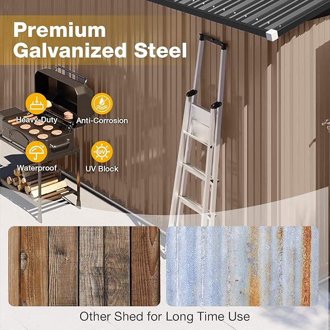 8x6 FT Outdoor Storage Shed with Floor & Lockable Double Doors, Heavy-Duty Galvanized Steel Outdoor Metal Shed for Bike, Tool, Generator Storage in Backyard, Patio (8’x6’, Floor)