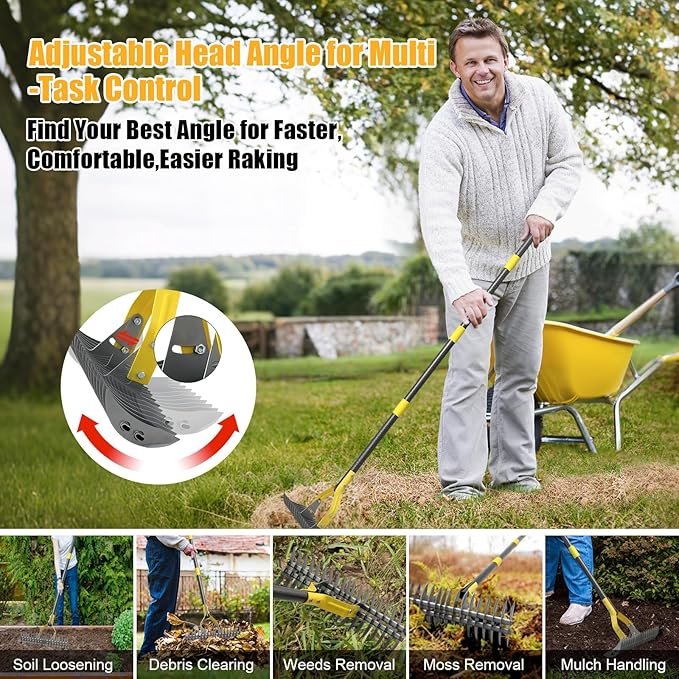 Heavy Duty Thatch Rake for Lawns -15" Dual-Action Dethatcher Thatching Rake with Sharp Blade for Dead Grass Removal,Soil Loosening,Lawn Dethatching,70" Manual Thatcher for Yard,Garden, Lawn