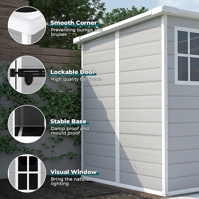 6x6 FT Storage Shed,Garden House with Lockable Doors and Vents,Waterproof Resin Outdoor Tool Cabinet W/Floor & Window,for Bicycles,Lawnmowers,Lawn,All Weather Use,Light Gray