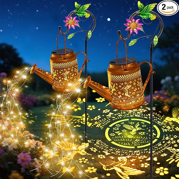 VOOKRY 2 Pack Hummingbird Metal Solar Watering Can Lights, Solar Lights Outdoor Waterproof, Birthday Gifts for Women Mom Grandma Christmas, Hanging Lanterns Garden Decor for Outside Yard Patio Lawn