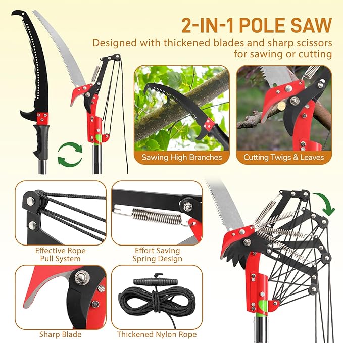 Outvita Manual Pole Saw, 24 Feet Extendable Tree Pruner with Knives and Storage Pocket, Sharp Steel Blade and Scissors High Branches Trimming for Pruning Palms and Shrubs(Yellow)