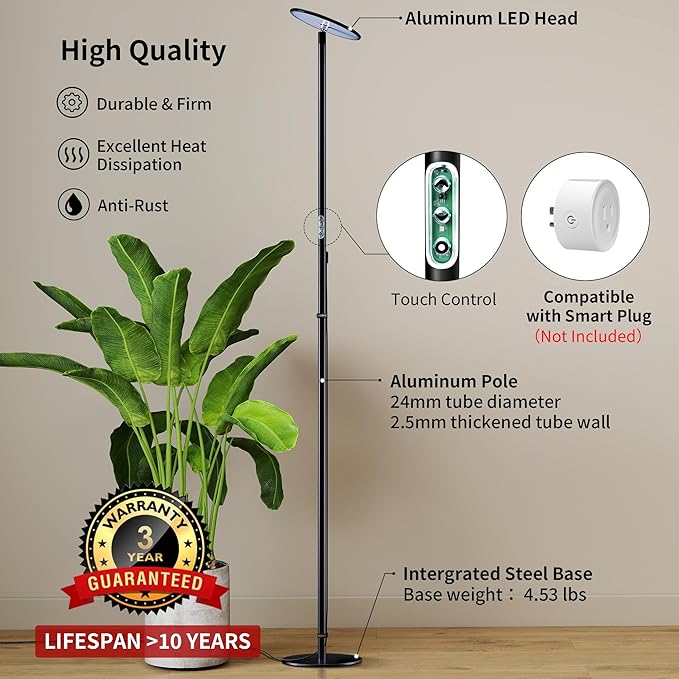 chiphy Grow Lights, 85" Full Spectrum Plant Light for Indoor Plants, 40W Grow Lamp, 10 Dimmable Brightness, Height Adjustable, Ideal for Large Tall Plants