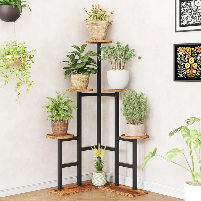 IBUYKE 6 Tier Plant Stand Indoor, Tall Flower Pot Stand for Multiple Plants, Tiered Corner Plant Shelf for Living Room Patio Balcony Garden, Rustic Brown TMJ072H